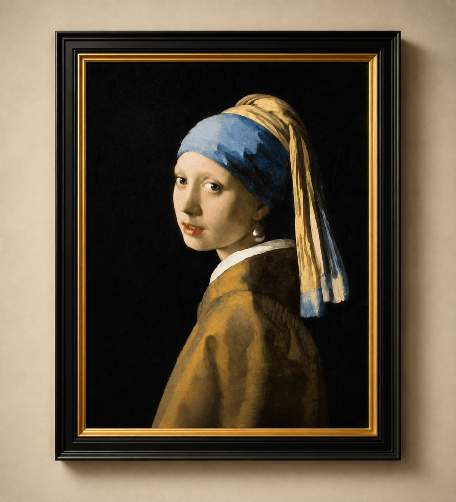 Classic portrait wall art inspired by Vermeer’s masterpiece, perfect for elegant homes, bedrooms, living rooms, and interior spaces.