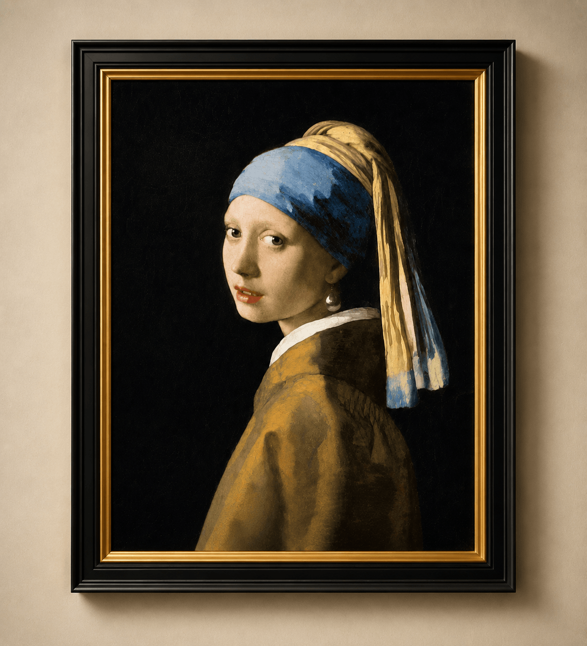 Classic portrait wall art inspired by Vermeer’s masterpiece, perfect for elegant homes, bedrooms, living rooms, and interior spaces.