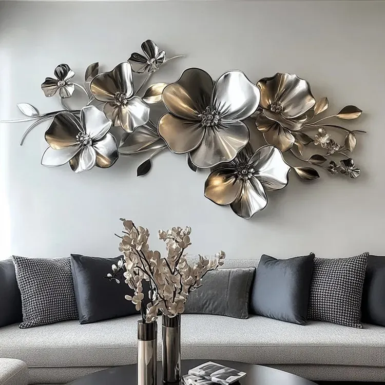 Metal floral wall art in living room