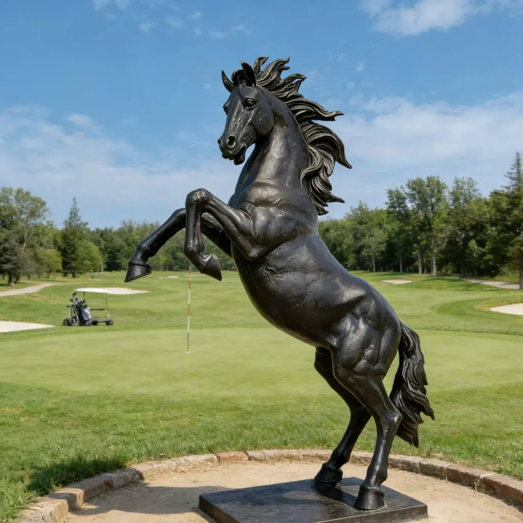 Outdoor bronze horse sculpture on golf course