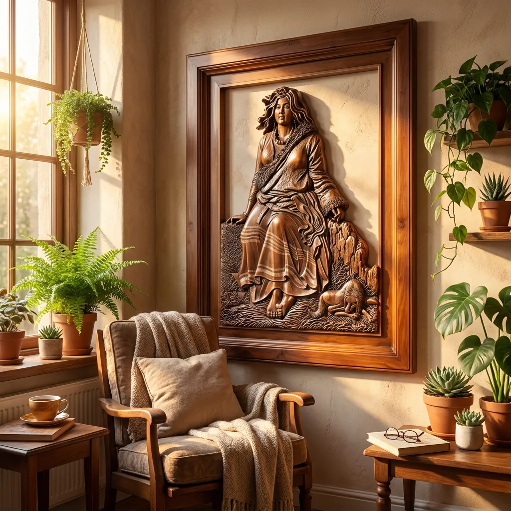 Wood relief wall art in warm interior