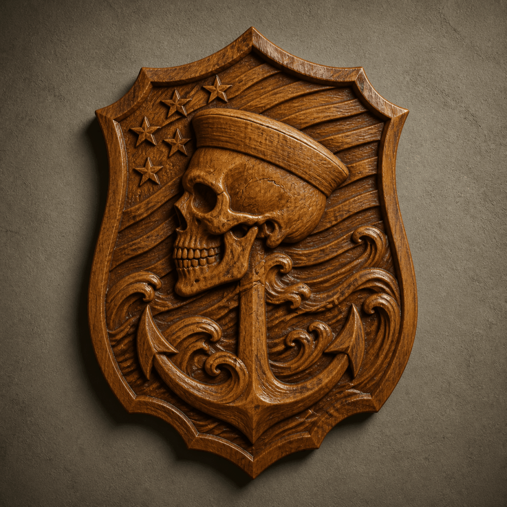 Rustic 3D sailor skull and anchor wooden sign for Navy veteran man cave decor