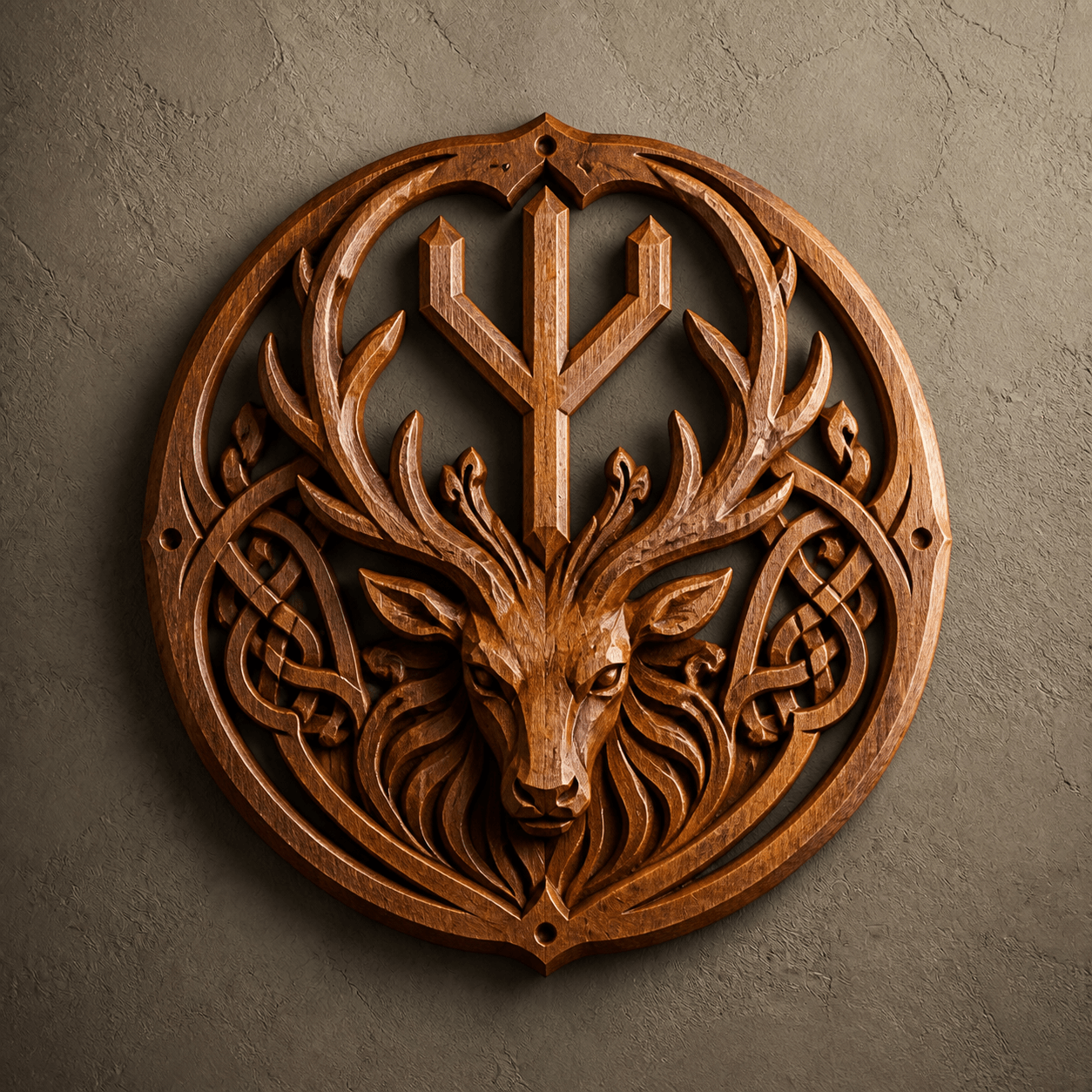 Algiz Rune Stag Wood Carving for Viking Décor & Wood Wall Art Manufacture
