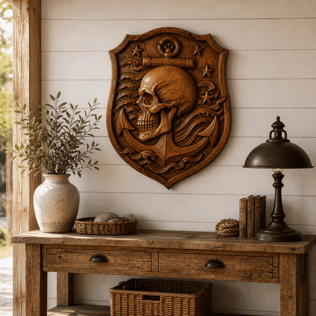 Carved wooden shield wall decor showcasing a nautical sailor skull, large anchor, ocean waves, and patriotic stars