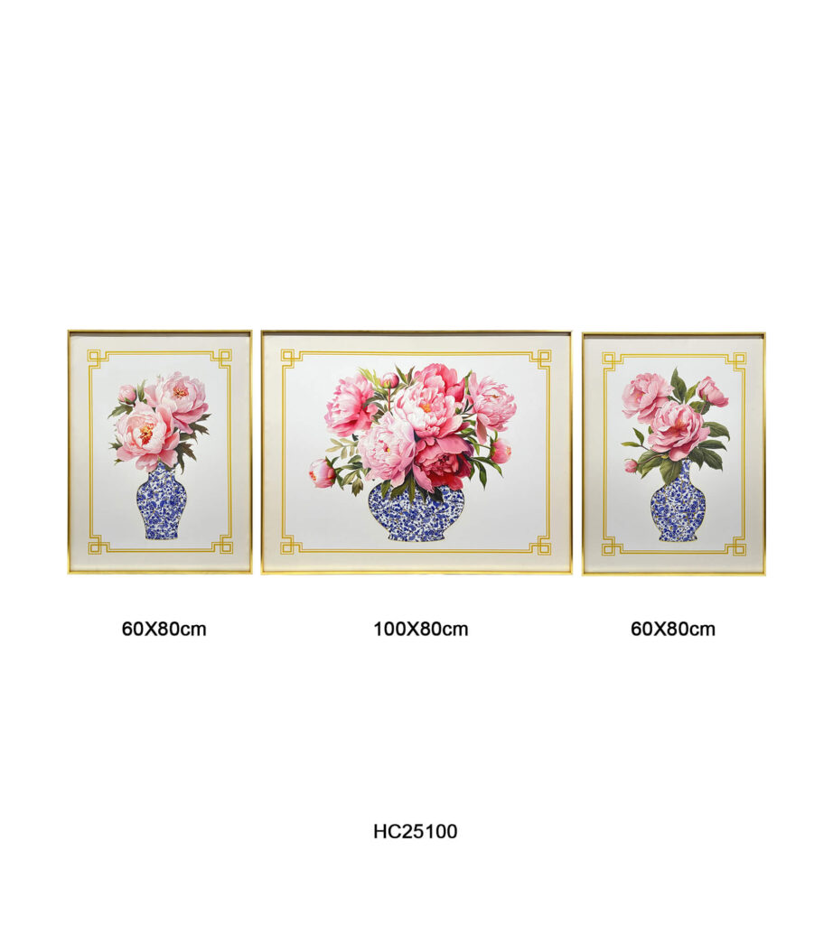 Three piece peony porcelain wall art set with mosaic vases