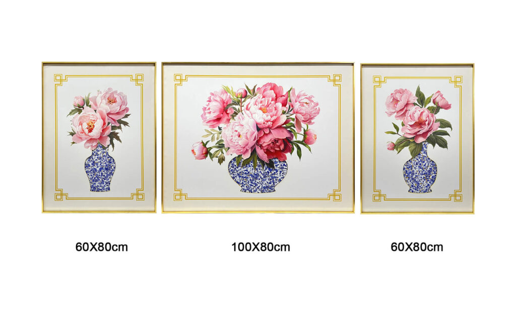 Three piece peony porcelain wall art set with mosaic vases
