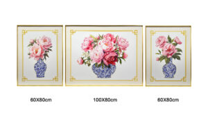 Three piece peony porcelain wall art set with mosaic vases