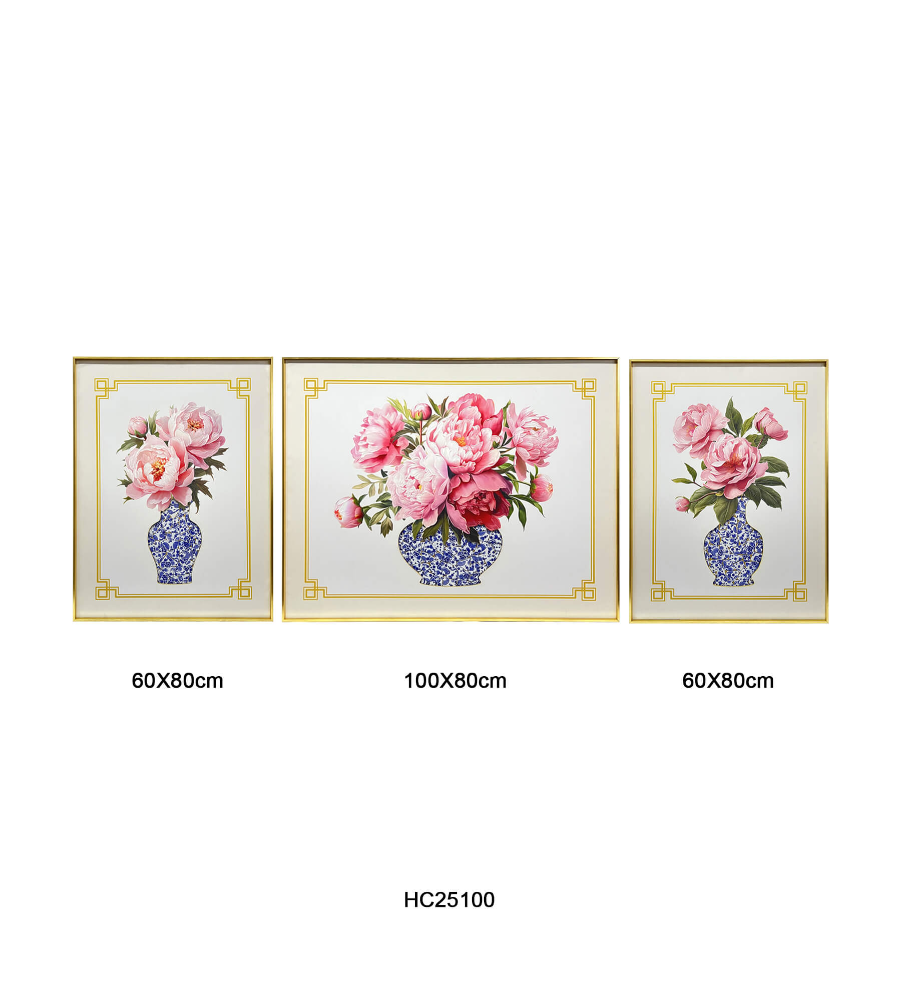 Three piece peony porcelain wall art set with mosaic vases