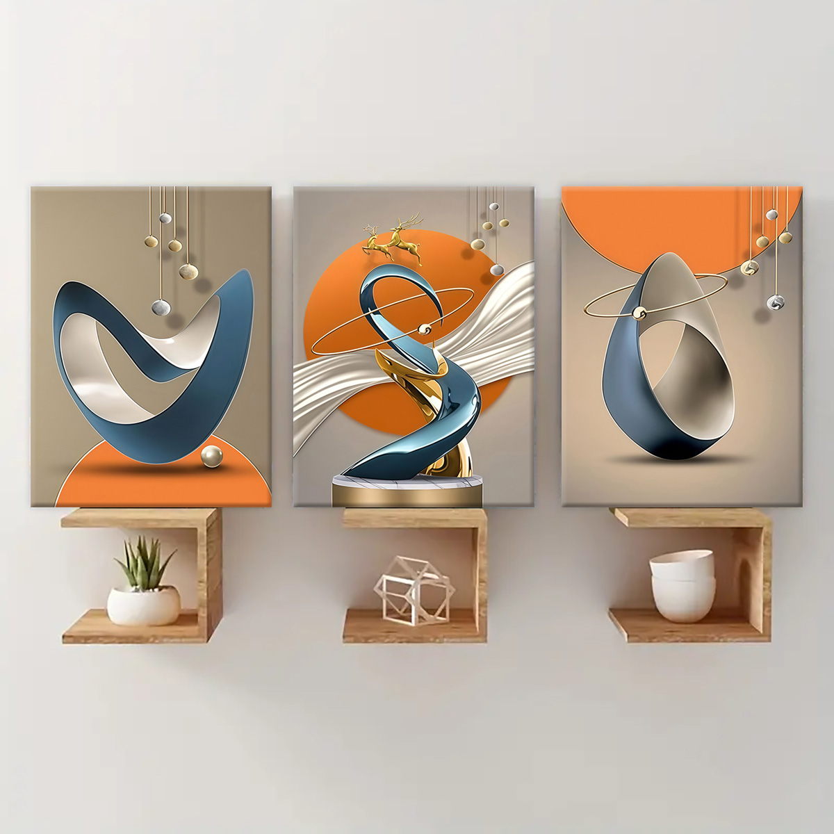 Bold Orange Blue 3 Piece Modern Geometric Abstract Wall Art(30×40cm)