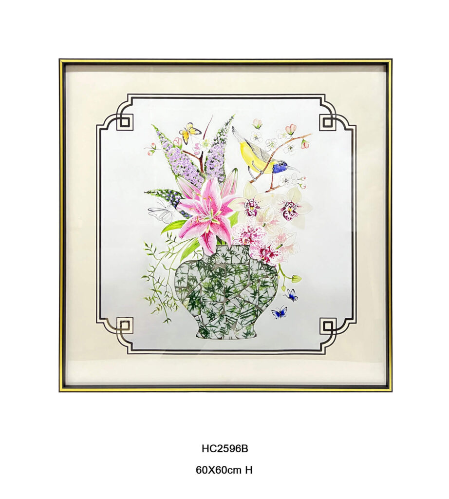 Blue and White Jingdezhen Shard Mosaic Lily Orchid and Bird Porcelain Wall Art