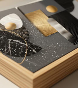 Close up of 3D geometric canvas wall art with metallic raised textures