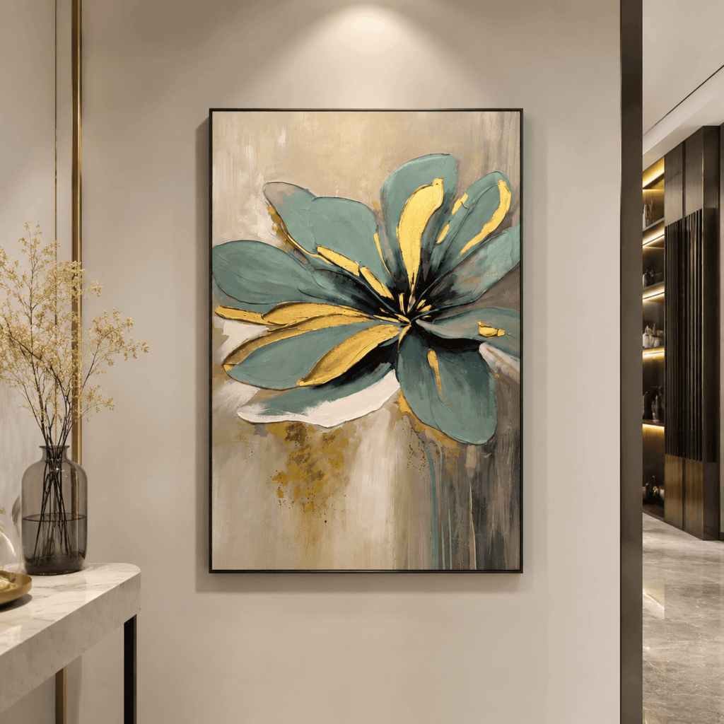 Custom abstract wall art with textured floral details, designed for hotels, offices, and interior projects