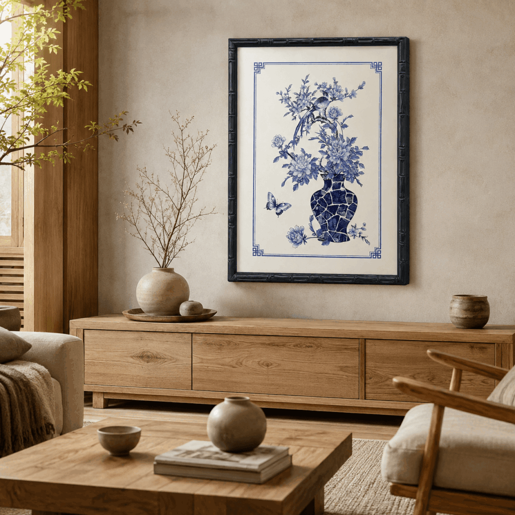 Blue and white Chinoiserie art decorating an upscale teahouse