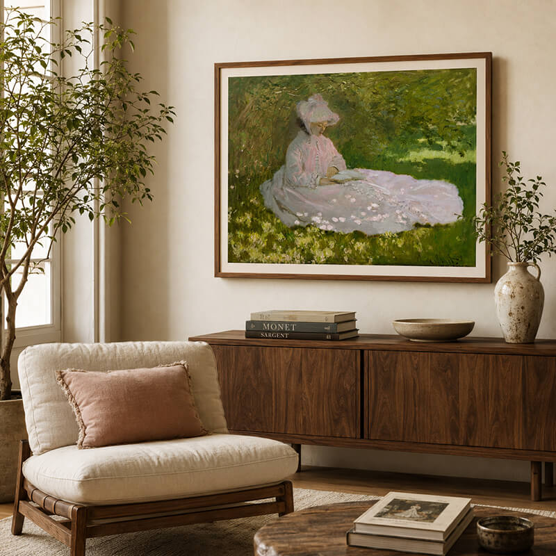 Claude Monet Springtime wall art displayed in a warm artist’s living room with walnut furniture, a cream chair and soft pink accents