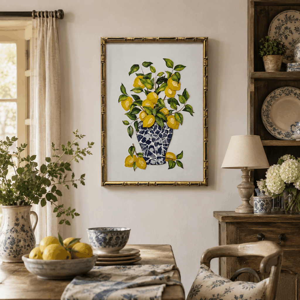 Close-up of 3D porcelain lemon wall art