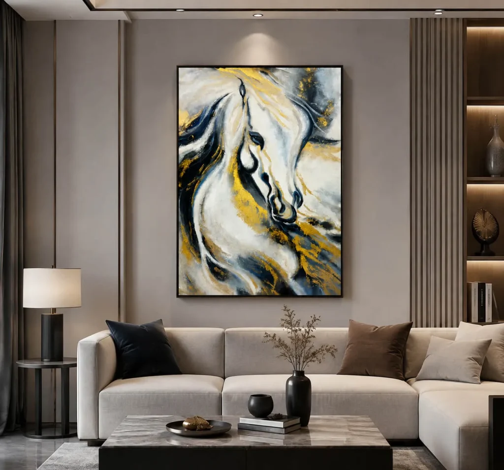 Abstract horse wall art with custom design options, created for hotels, residences, and commercial interiors seeking unique artistic solutions.