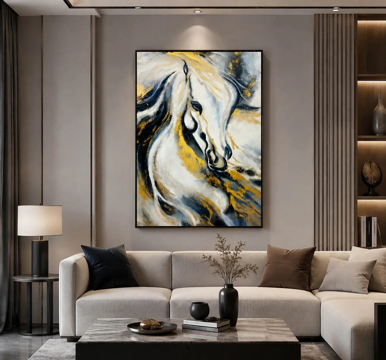 Abstract horse wall art with custom design options, created for hotels, residences, and commercial interiors seeking unique artistic solutions.