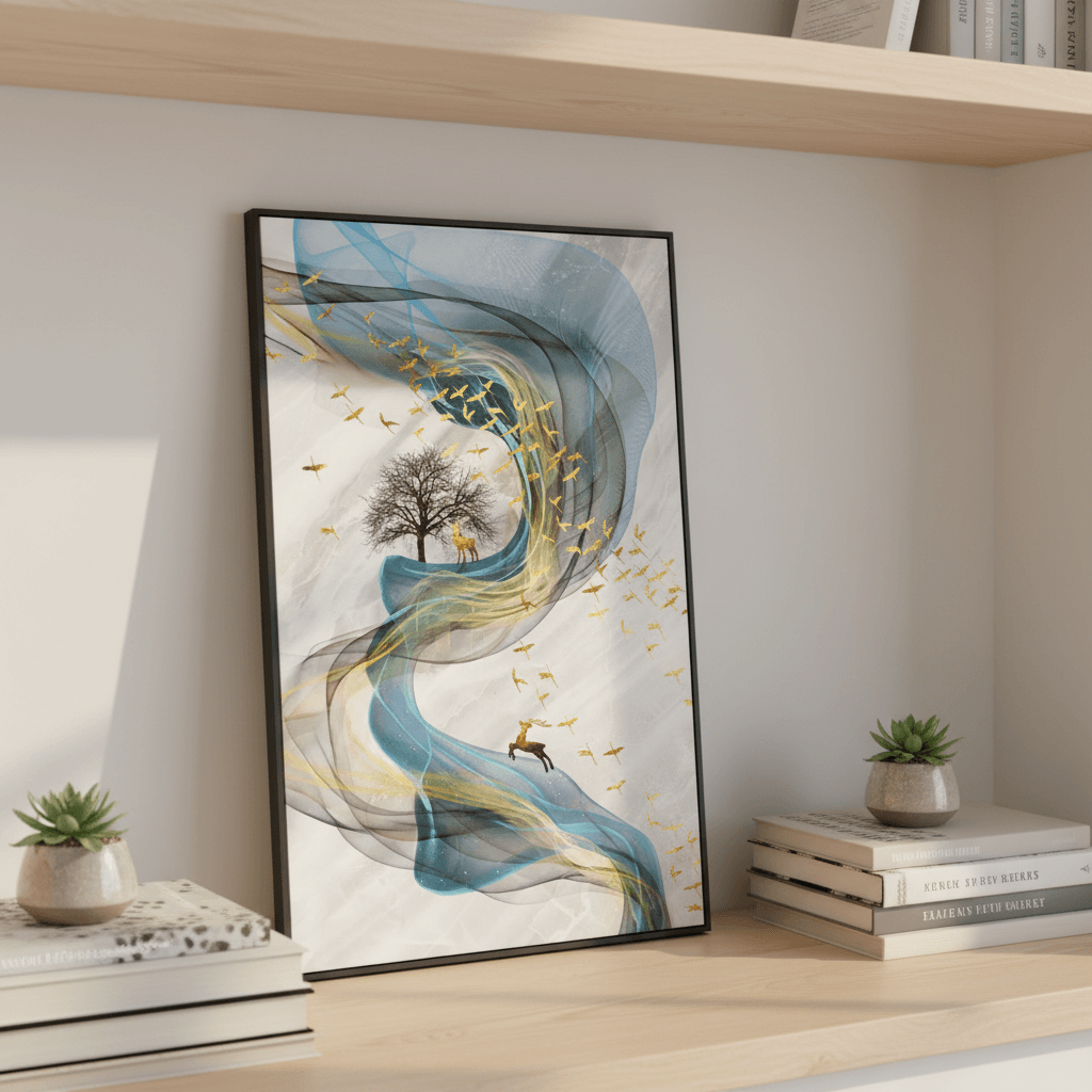 Blue and Gold Abstract Deer Wall Art for Luxury Interior Projects