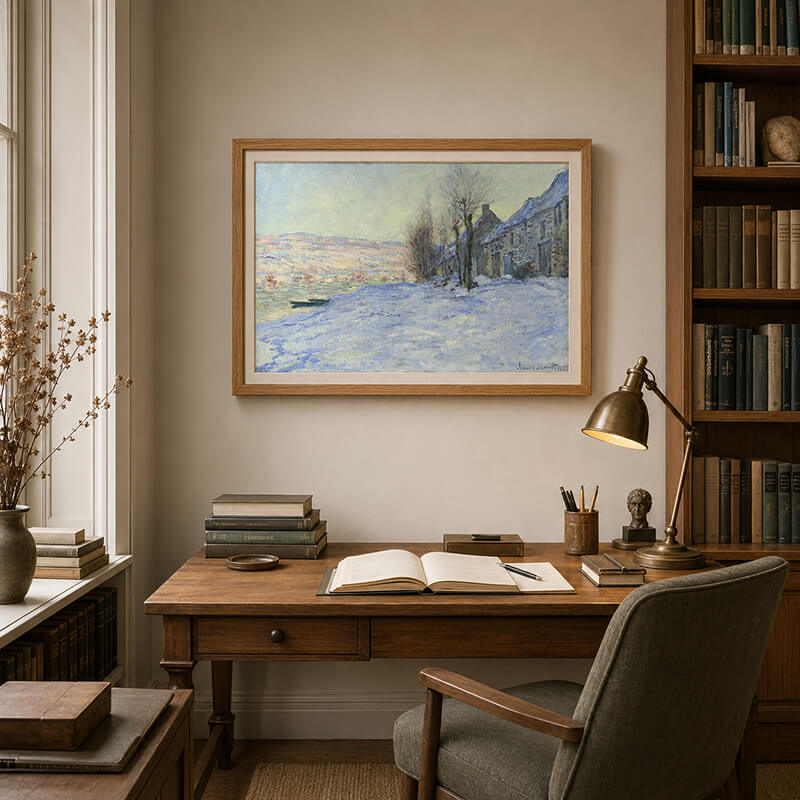 Framed Monet Lavacourt under Snow hanging above a cream boucle sofa in a warm organic modern living room