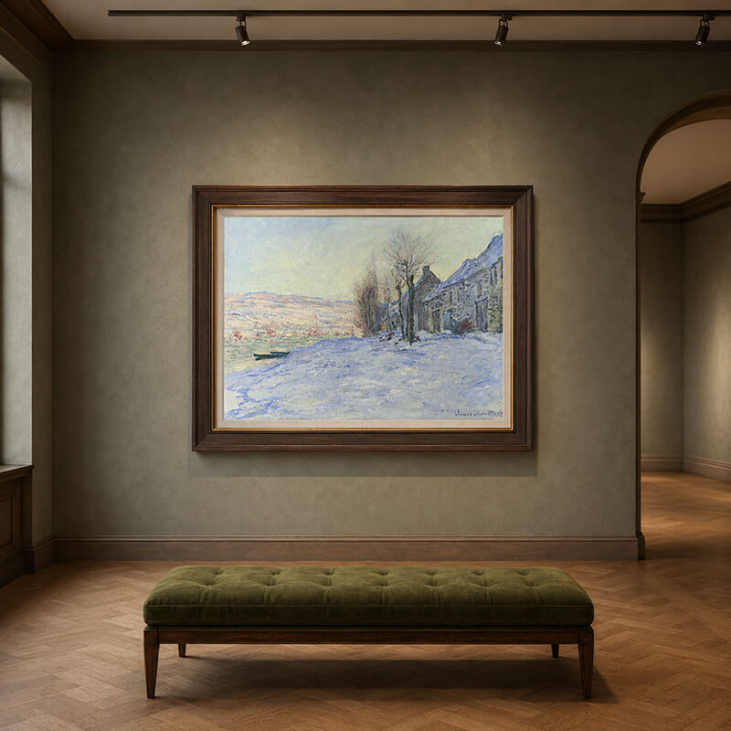 Framed Monet Lavacourt under Snow displayed on a sage-gray wall in a private gallery with an olive velvet bench