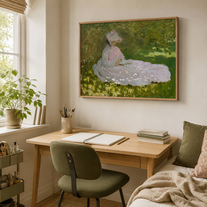 Framed Monet Springtime artwork above a pale oak desk in a bright student studio with an olive chair and art supplies