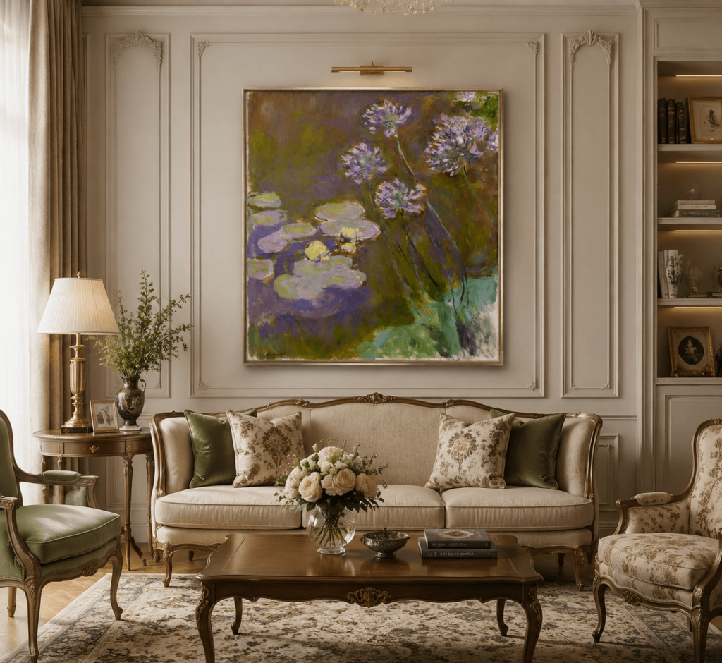 Water Lilies and Agapanthus painting reproduction with custom sizes and premium finishes for unique wall art, hotels, homes, and interior projects.