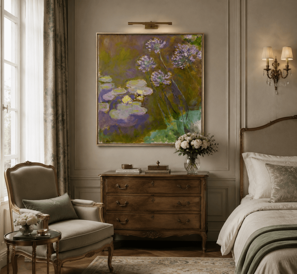 Water Lilies and Agapanthus painting reproduction with custom sizes and premium finishes for unique wall art, hotels, homes, and interior projects.