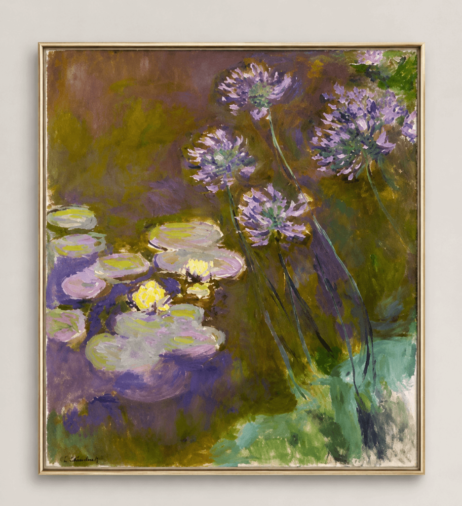 Water Lilies and Agapanthus painting reproduction with custom sizes and premium finishes for unique wall art, hotels, homes, and interior projects.