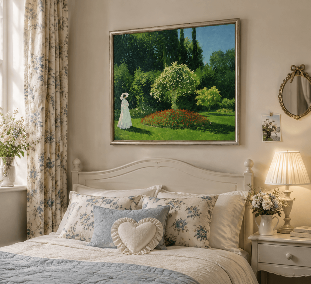 Explore Woman in the Garden reproduction, a classic landscape artwork for living rooms, bedrooms, dining spaces, and elegant interiors.