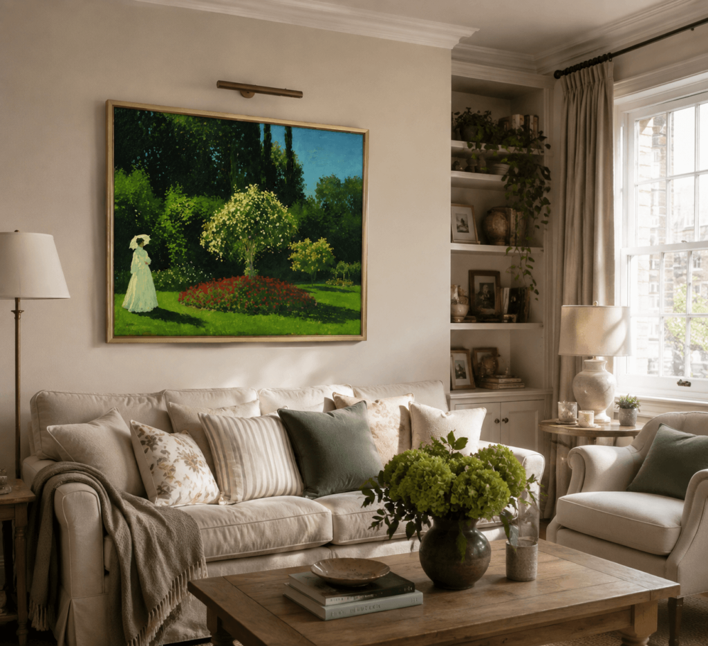 Explore Woman in the Garden reproduction, a classic landscape artwork for living rooms, bedrooms, dining spaces, and elegant interiors.