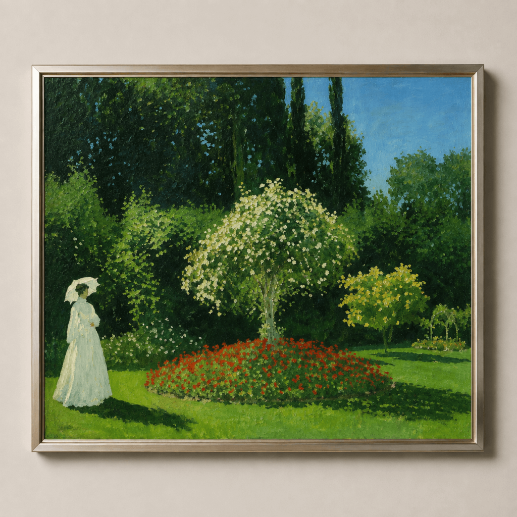 Explore Woman in the Garden reproduction, a classic landscape artwork for living rooms, bedrooms, dining spaces, and elegant interiors.