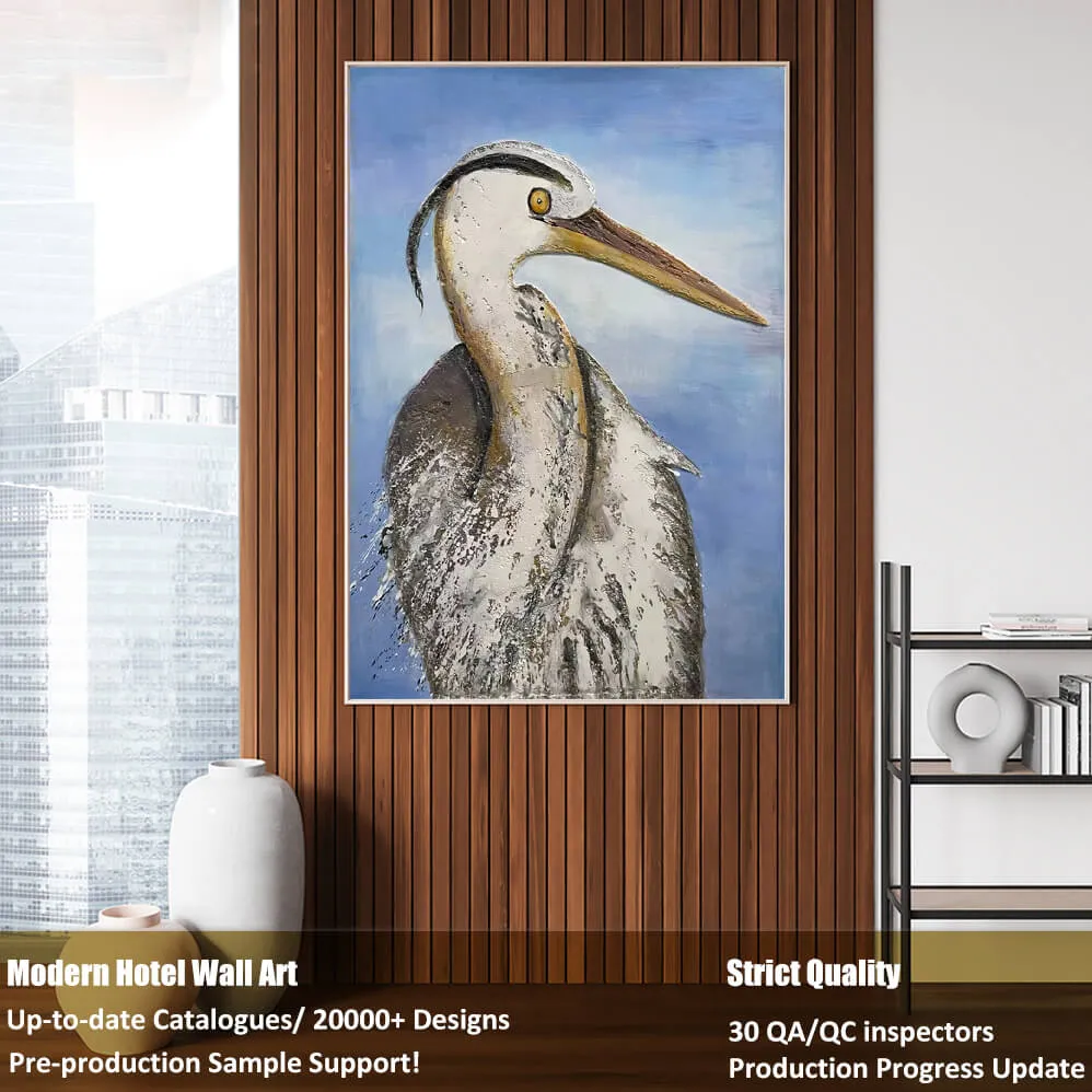 Custom textured bird paintings produced for commercial interiors, offering flexible sizes, frame options, and reliable wall art solutions for global buyers.