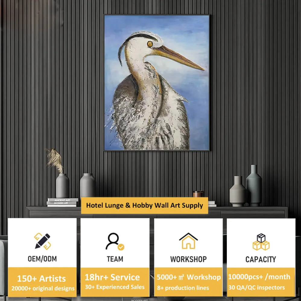 Custom textured bird paintings produced for commercial interiors, offering flexible sizes, frame options, and reliable wall art solutions for global buyers.