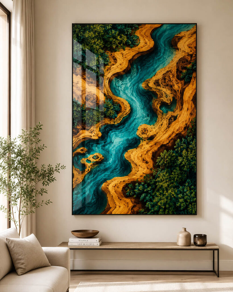 Abstract blue river resin wall art in living room