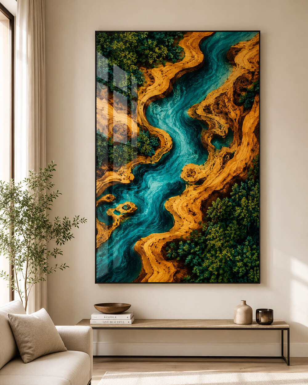 Abstract blue river resin wall art in living room