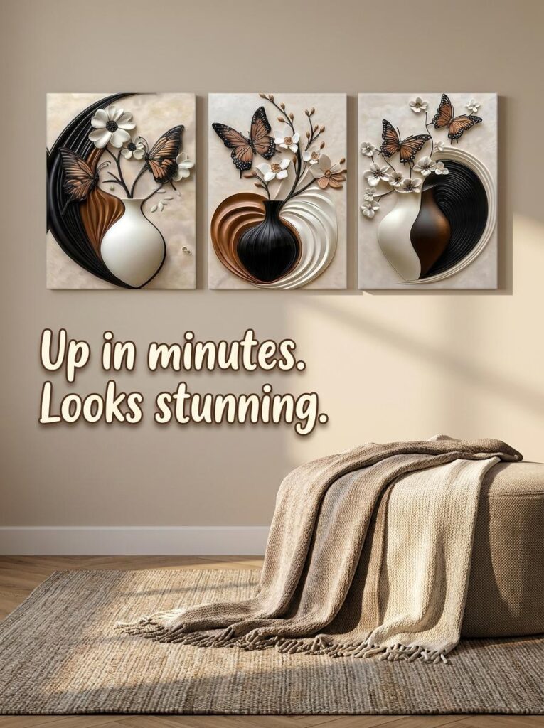 Abstract vase and butterfly canvas triptych