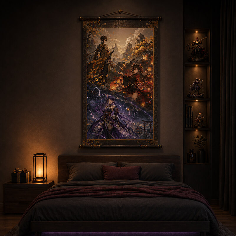 Anime fantasy wall scroll hanging above a dark bedroom bed with warm lighting and collectible display shelves