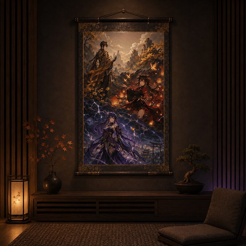 Anime fantasy wall scroll displayed in a dark Japandi room with walnut furniture and warm lantern lighting.