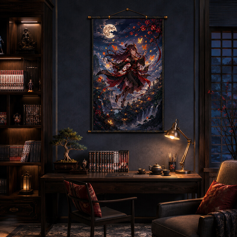 Anime fantasy wall scroll displayed above a walnut desk in a dark blue study with bookshelves and warm task lighting