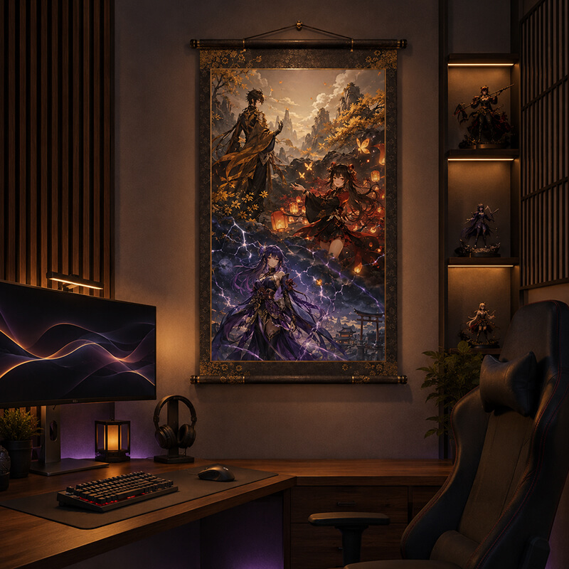 Anime fantasy wall scroll displayed above a dark walnut gaming desk with amber and purple ambient lighting.