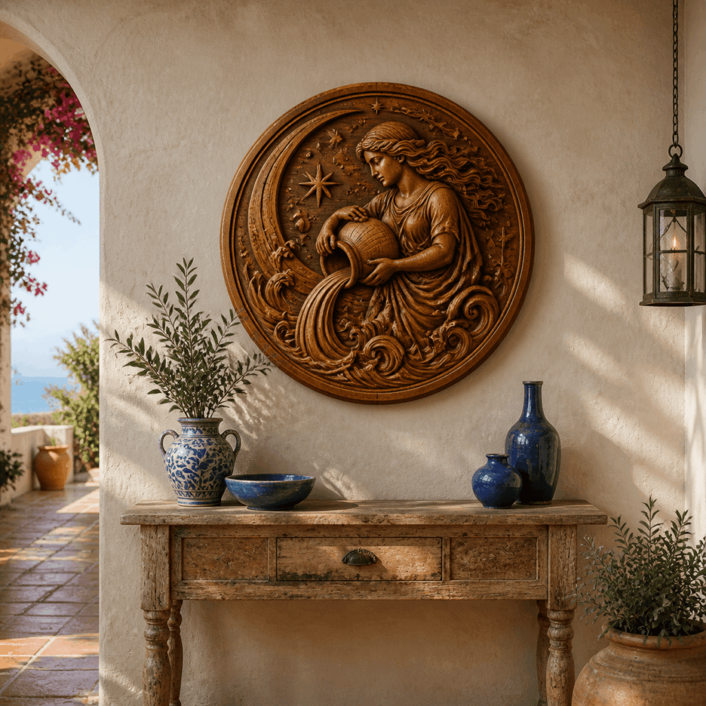 Carved Aquarius wavy symbol and celestial stars on a rustic wooden zodiac wall decor