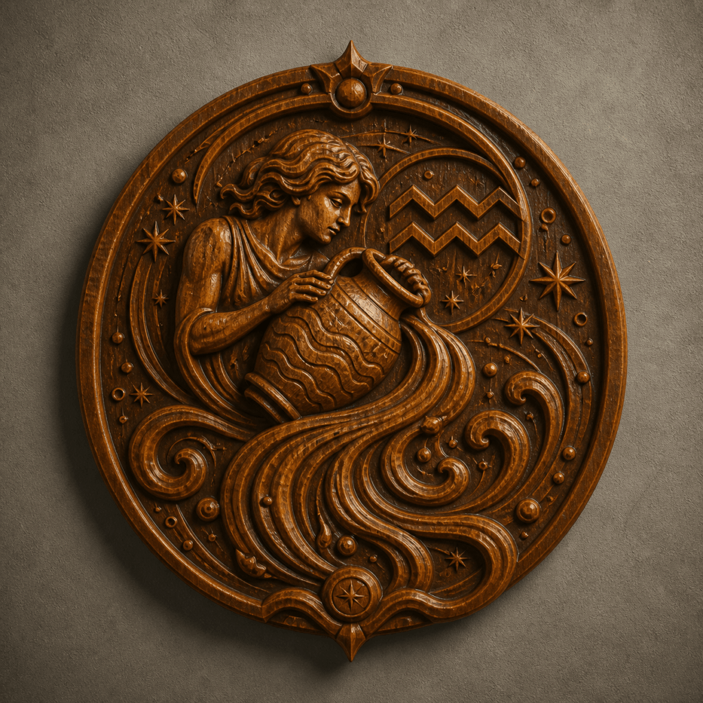 Carved Aquarius wavy symbol and celestial stars on a rustic wooden zodiac wall decor