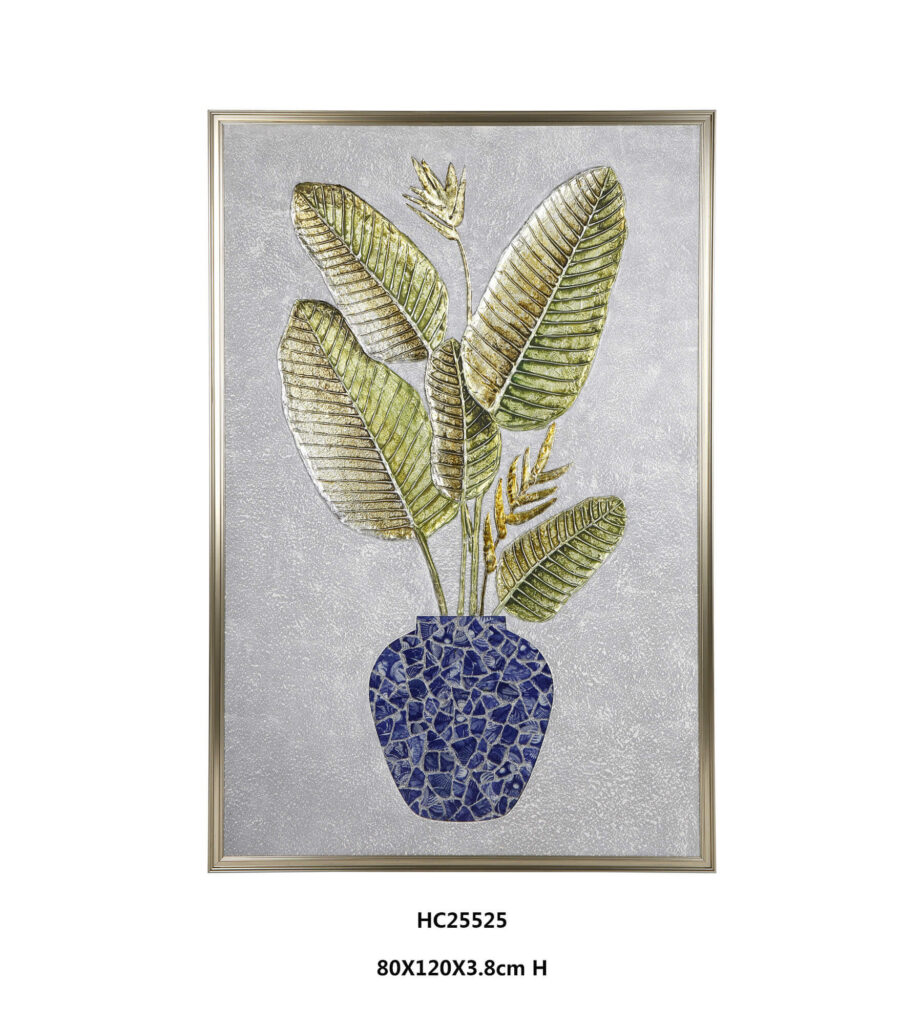 Banana leaf porcelain wall art with raised green and gold leaves