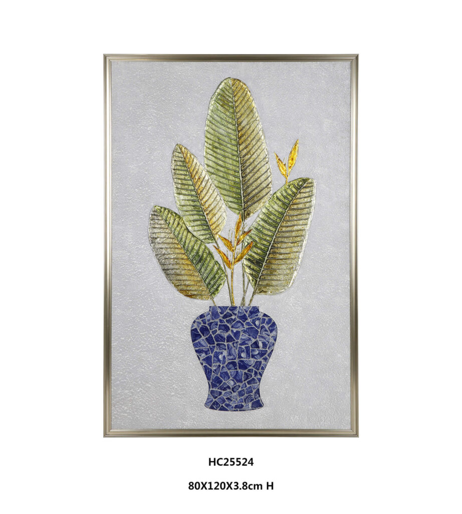 Banana leaf porcelain wall art with a blue ceramic mosaic vase
