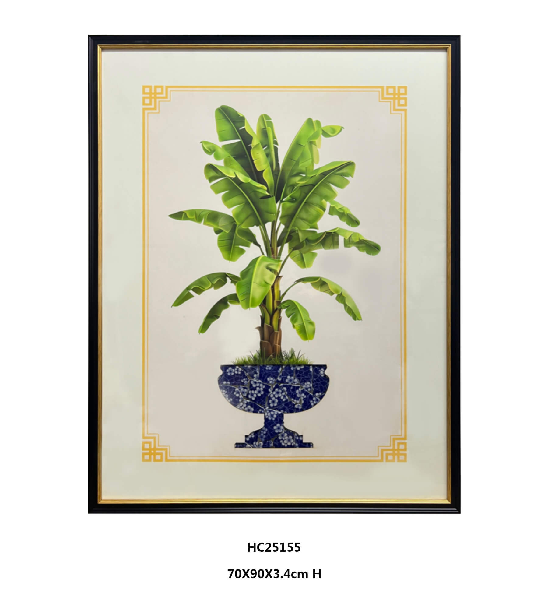 Framed Banana and Palm Tree Porcelain Wall Art Set with Shard Mosaic Planters（70×90×3.4cm）