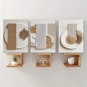 Beige geometric canvas triptych in a modern room