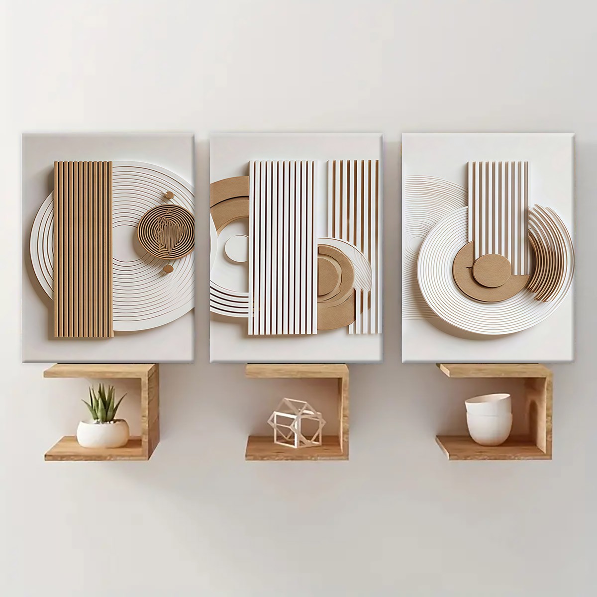 Three Piece Beige Geometric Canvas Wall Art with Curved Lines(30×40cm)