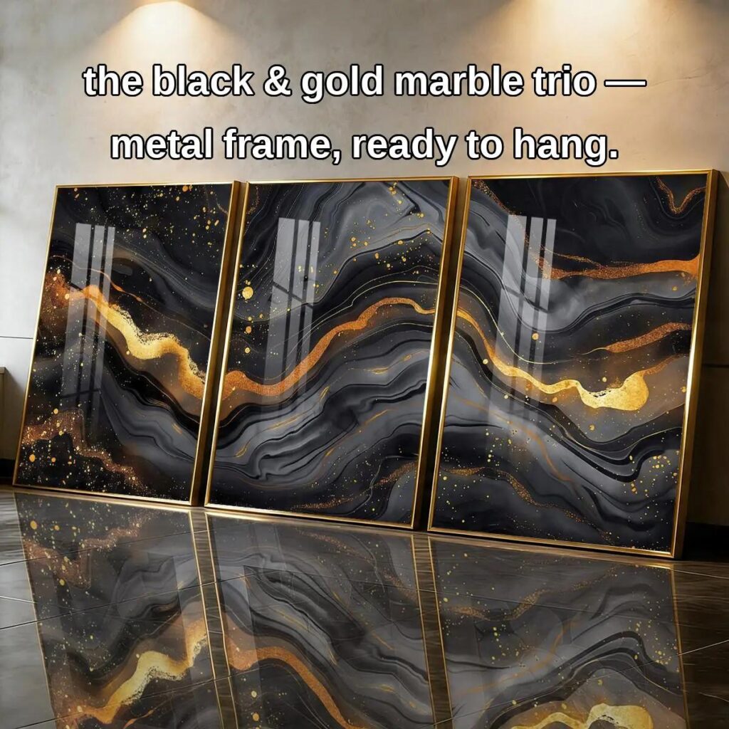 Black and gold marble wall art set of 3 with slim metal frames