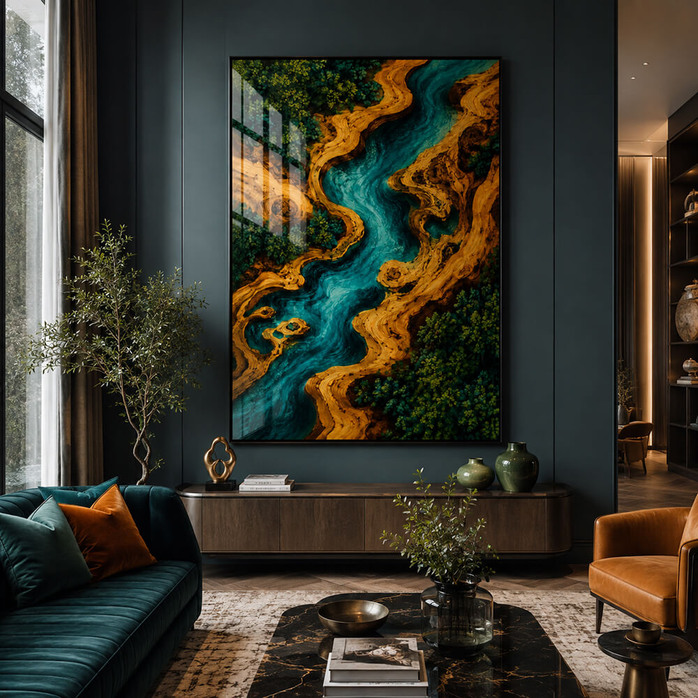 Black framed abstract blue resin wall decor