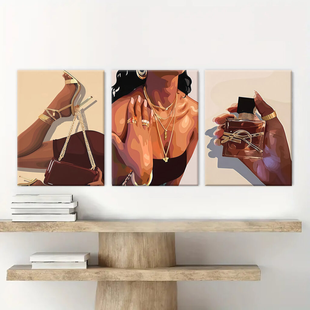Black girl canvas wall art arranged above a minimalist console table
